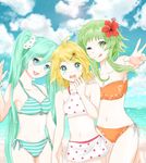  :d ;q aqua_eyes aqua_hair asaki_(bluemoonstone) bandeau bare_shoulders beach bikini blonde_hair blue_sky breasts cleavage cloud collarbone commentary_request day floral_print flower green_eyes green_hair gumi hair_flower hair_ornament hand_to_own_mouth hatsune_miku hibiscus highres kagamine_rin kneeling lens_flare long_hair medium_breasts midriff multiple_girls navel ocean one_eye_closed open_mouth outdoors polka_dot polka_dot_swimsuit shore side-tie_bikini side-tie_bottom sky small_breasts smile strapless string_bikini striped striped_bikini striped_swimsuit swimsuit tongue tongue_out twintails v very_long_hair vocaloid 