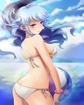  artist_request ass ball beachball bikini blue_hair blush bracelet breasts cloud cloudy_sky day hair_ribbon holding holding_ball jewelry large_breasts linus_falco long_hair looking_at_viewer looking_back o-ring o-ring_bottom red_eyes ribbon shiny shiny_skin side-tie_bikini skindentation sky smile solo strap_gap swimsuit sword_girls very_long_hair water wavy_hair 