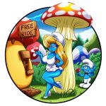  against_wall big_breasts blue_eyes breasts bulge cigarette clothing dress female flower footwear high_heels humanoid implied_prostitution kogeikun leaning male mushroom not_furry plant shoes size_difference smoking smurf smurfette the_smurfs unamused voluptuous white_dress white_shoes 