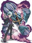  blue_eyes blue_hair clothed clothing duo hair hi_res human ken_sugimori looking_at_viewer mammal mega_evolution mega_metagross metagross nintendo official_art plain_background pok&#233;mon pok&eacute;mon steven_stone transparent_background video_games 