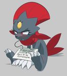  blush claws english_text fangs nintendo pok&#233;mon pok&#233;shaming pok&eacute;mon punishment red_eyes sign sitting solo teckworks text toe_claws video_games weavile 
