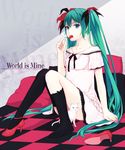  aqua_eyes cat checkered checkered_floor copyright_name dress food fruit green_hair hatsune_miku high_heels hiro_satochi long_hair mouth_hold shoes single_shoe sitting solo strawberry thighhighs twintails very_long_hair vocaloid world_is_mine_(vocaloid) 