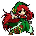  :o bandaged_arm bandages beret black_eyes braid chibi chinese_clothes clenched_hand dragon_print hat hong_meiling long_hair open_mouth pants pants_under_skirt pointing pointing_at_viewer puffy_short_sleeves puffy_sleeves red_hair red_zero-doo_(and_hagure) scar serious short_sleeves side_slit simple_background skirt skirt_set solo star tangzhuang touhou twin_braids v-shaped_eyebrows very_long_hair white_background 