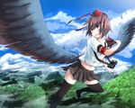  :d armband black_legwear black_skirt black_wings blue_sky brown_hair camera cloud cloudy_sky day fan feathered_wings flying forest hat holding koke_(moromiso) looking_back mountain nature open_mouth outdoors puffy_short_sleeves puffy_sleeves red_eyes scenery shameimaru_aya shirt short_hair short_sleeves shorts skirt sky smile solo spread_wings thighhighs tokin_hat touhou tree wind wings 
