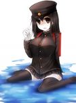  akitsu_maru_(kantai_collection) alternate_eye_color bad_id bad_pixiv_id black_hair black_legwear black_skirt breasts buttons gloves hat highres kantai_collection large_breasts long_sleeves military military_uniform miniskirt orange_eyes peaked_cap pleated_skirt remodel_(kantai_collection) short_hair sitting skirt solo thighhighs uniform wada_kazu wading water white_gloves white_skin zettai_ryouiki 