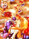  blonde_hair bow broom brown_hair clone closed_eyes crossed_legs hair_bow hair_ornament hair_ribbon highres holding ibuki_suika kirisame_marisa long_hair looking_at_viewer multiple_girls notice_(kou) open_mouth out_of_frame petals plate ponytail ribbon sitting sleeping smile touhou zzz 