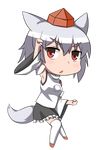  :&lt; animal_ears arm_up bare_shoulders blush breasts chibi detached_sleeves full_body hat highres inubashiri_momiji looking_at_viewer medium_breasts open_mouth oruhuru pom_pom_(clothes) red_eyes short_hair silver_hair solo tail tokin_hat touhou transparent_background white_legwear wolf_ears wolf_tail 