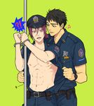  abs assisted_exposure beamed_eighth_notes black_hair cuffs free! future_fish green_background green_eyes handcuffs hat male_focus matsuoka_rin multiple_boys musical_note open_clothes open_shirt opened_by_another pole police police_hat police_uniform red_eyes red_hair sharp_teeth shirt spoken_musical_note teeth twoframe uniform watch wristwatch yamazaki_sousuke yaoi 