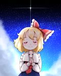  black_dress bow closed_eyes commentary dress hair_bow hands_clasped interlocked_fingers long_sleeves night own_hands_together praying roco_(katsuya1011) rumia shirt sky smile solo star_(sky) starry_sky touhou 