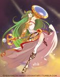  1girl bracelet green_eyes green_hair highres jewelry kid_icarus long_hair lots_of_jewelry metalhanzo necklace nintendo palutena shield smile solo staff super_smash_bros. thighhighs tiara very_long_hair 