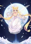  1girl bare_shoulders bishoujo_senshi_sailor_moon blonde_hair blue_eyes breasts cleavage crescent detached_sleeves double_bun dress facial_mark flower forehead_mark full_moon highres long_hair looking_at_viewer medium_breasts moon princess_serenity rose smile solo strapless strapless_dress tsukino_usagi twintails white_dress white_flower white_rose wings 