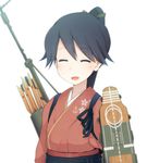  :d ^_^ anchor_symbol arrow bad_id bad_pixiv_id black_hair closed_eyes flight_deck houshou_(kantai_collection) japanese_clothes kantai_collection kimono machinery obi open_mouth ponytail sanuki_(zigzagflamberge) sash smile solo tasuki upper_body white_background 