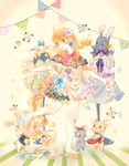  apron barefoot bird braid bunny card crown dress flower glass_slipper green_eyes hair_flower hair_ornament highres kanamori_mao legs long_hair mouse orange_hair original shoes shoes_removed single_braid single_shoe smile solo very_long_hair 