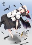  ankh_(ankh_05) barefoot black_hair black_wings fan feathers hat highres looking_at_viewer no_shoes puffy_short_sleeves puffy_sleeves red_eyes shameimaru_aya shirt short_hair short_sleeves skirt smile solo tokin_hat touhou wings 