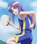  armpits ass happinesscharge_precure! haruyama_kazunori hikawa_iona instrument long_hair open_mouth ponytail precure purple_eyes purple_hair shorts sleeves_rolled_up solo tambourine 