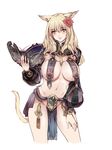  animal_ears blonde_hair blush book breasts cat_ears cat_tail covered_nipples cropped_legs fangs final_fantasy final_fantasy_xiv flower groin hair_flower hair_ornament hand_on_own_thigh highres large_breasts leaning_forward looking_at_viewer miqo'te navel nipple_piercing nipples no_bra no_panties pelvic_curtain piercing pubic_hair puffy_sleeves q_azieru revealing_clothes see-through simple_background smile solo tail white_background 