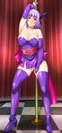  1girl ayane_(doa) bare_shoulders blush boots breasts dead_or_alive elbow_gloves feet gloves hairband japanese_clothes large_breasts legs looking_at_viewer panties pole_dancing purple_hair purple_legwear red_eyes sakuranbo short_hair smile solo standing thighs underwear 