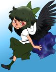  black_hair cape green_hair long_hair onikobe_rin red_eyes reiuji_utsuho ribbon skirt smile solo touhou wings 