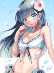  bikini black_hair blue_eyes blush breasts cleavage flower frilled_bikini frills hair_flower hair_ornament hibiscus hikari_no lips long_hair medium_breasts navel original solo swimsuit 