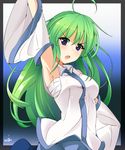  absurdres ahoge arm_up armpits blue_eyes breasts detached_sleeves frame green_hair highres kochiya_sanae large_breasts long_hair long_sleeves looking_at_viewer miton_(turuyasann) open_mouth sarashi shirt signature skirt solo touhou very_long_hair wide_sleeves 