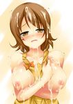  apron bare_shoulders blush bow breasts breasts_outside brown_eyes brown_hair cum cum_on_body cum_on_breasts cum_on_hair cum_on_upper_body facial happinesscharge_precure! highres hoshizuki_(seigetsu) large_breasts looking_at_viewer naked_apron nipples oomori_yuuko precure short_hair solo 
