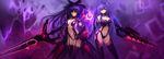  absurdres bare_shoulders black_gloves black_legwear breasts cleavage creator_connection date_a_live elbow_gloves gloves highres holding holding_sword holding_weapon iris_heart kami_jigen_game_neptune_v long_hair medium_breasts multiple_girls navel neptune_(series) power_symbol purple_background purple_hair red_eyes sword symbol-shaped_pupils thighhighs weapon yatogami_tooka yatogami_tooka_(true_form) zhuore_zhi_hen 