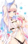  1girl absurdres animal_ears arm_up armpits bangs bare_arms bare_shoulders bikini blue_eyes blue_flower blue_rose bracelet breasts cleavage commentary_request cowboy_shot eyebrows_visible_through_hair flower food granblue_fantasy hair_ornament hand_up highres holding jewelry korwa long_hair looking_at_viewer medium_breasts navel popsicle red_flower rose silver_hair solo standing stomach sweetroad swimsuit swimsuits tongue tongue_out white_bikini white_flower 
