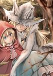  alice_margatroid alternate_costume animal_ears big_bad_wolf big_bad_wolf_(cosplay) big_bad_wolf_(grimm) blonde_hair blue_eyes blurry braid capelet cosplay depth_of_field forest fur hat hat_over_one_eye hood kirisame_marisa little_red_riding_hood little_red_riding_hood_(grimm) little_red_riding_hood_(grimm)_(cosplay) long_hair looking_at_viewer mitsunara multiple_girls nature red_capelet short_hair slit_pupils smile touhou witch_hat wolf_ears yellow_eyes 