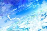  animal bird blue blue_sky bridge cloud commentary dutch_angle fantasy feathers flying highres island machinery original road scenery sky water waterfall yatsude 