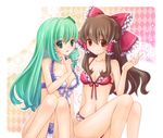  alternate_costume bikini bow breasts brown_eyes brown_hair cleavage finger_to_cheek frilled_bikini frills frog_hair_ornament front-tie_top green_eyes green_hair hair_bow hair_ornament hair_ribbon hair_tubes hakurei_reimu hayabusa_koi kochiya_sanae long_hair looking_at_viewer multiple_girls navel red_bikini ribbon sitting small_breasts smile snake_hair_ornament swimsuit touhou 