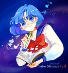  bishoujo_senshi_sailor_moon blue_background blue_eyes blue_hair blue_sailor_collar book bow character_name glasses juuban_middle_school_uniform mizuno_ami ringnai round_eyewear sailor_collar school_uniform serafuku short_hair signature smile solo transformation_pen typo 