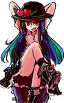  :d arms_behind_head black_skirt blouse blue_hair boots crossed_legs evil_smile fang food fruit highres hinanawi_tenshi long_hair looking_at_viewer naughty_face ne_kuro open_mouth peach red_eyes sitting skirt skirt_set smile solo thighs touhou v-shaped_eyebrows white_blouse 
