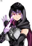  1girl arm_guards armor aura ayane_(doa) bangs bodysuit breasts closed_mouth commentary_request dead_or_alive dead_or_alive_6 elbow_gloves gloves headband hood hood_up lips looking_at_viewer medium_breasts ninja purple_hair red_eyes simple_background solo tsune_(tnmy4375) upper_body white_background 
