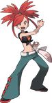  absurdres asuna_(pokemon) belt crop_top denim full_body highres holding holding_poke_ball jeans long_hair midriff official_art oomura_yuusuke open_mouth pants poke_ball pokemon pokemon_(game) pokemon_oras ponytail red_eyes red_hair shoes sleeveless smile solo transparent_background 