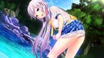  1girl chiri_(atlanta) chuablesoft fang game_cg highres long_hair minamori_hime open_mouth panties purple_eyes purple_hair rock see-through underwear wagaya_no_himegami-sama! water wet 