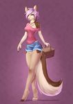  alanscampos basket breasts brown_fur cleavage clothed clothing female fur green_eyes hair hi_res hindpaw looking_at_viewer pants paws pink_hair pink_nose shirt short_hair shorts smile solo standing thighs unknown_species white_fur 