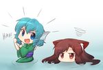  :d animal_ears blue_eyes blue_hair blush brown_hair clenched_hand commentary drill_hair head_fins imaizumi_kagerou japanese_clothes kimono long_hair long_sleeves looking_at_viewer mermaid monster_girl multiple_girls obi open_mouth partially_submerged red_eyes rosie_the_riveter sash short_hair smile touhou twin_drills v-shaped_eyebrows wakasagihime water wet wet_hair wide_sleeves wolf_ears wool_(miwol) 