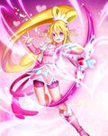  aida_mana arm_warmers bad_id bad_pixiv_id bike_shorts blonde_hair blush boots bow choker cure_heart curly_hair detached_sleeves dokidoki!_precure dress endorin eyelashes gradient gradient_background hair_flip hair_ornament half_updo happy heart heart_hair_ornament knee_boots kneehighs long_hair looking_at_viewer love_heart_arrow_(dokidoki!_precure) magical_girl open_mouth pink_background pink_bow pink_dress pink_footwear pink_sleeves ponytail precure shorts shorts_under_skirt smile solo very_long_hair 