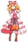  alphes_(style) blonde_hair boots dairi dress full_body hands_clasped hat hat_ribbon highres layered_dress mob_cap own_hands_together parody ribbon serious solo style_parody tabard tied_hair touhou transparent_background yakumo_yukari yellow_eyes 