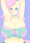  anthro anthrofied arms_behind_head big_breasts blue_background blush breasts cbatie11 cleavage clothed clothing equine eyelashes female fluttershy_(mlp) friendship_is_magic hair long_hair mammal my_little_pony navel pink_hair plain_background solo 