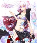  breasts cape cleavage hair_ornament hayabusa_koi head_fins mermaid monster_girl navel original parted_lips purple_eyes silver_hair small_breasts solo twintails 