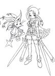  ahoge boots braid character_request dual_wielding e10 final_fantasy gloves hat holding lineart monochrome moogle open_mouth scarf simple_background smile staff standing sword thighhighs twin_braids weapon whiskers wings witch_hat 