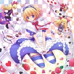  alice_(wonderland) alice_in_wonderland alice_margatroid alternate_costume animal_ears blonde_hair blue_eyes breasts bunny_ears card cat_ears cat_tail cheshire_cat cheshire_cat_(cosplay) cleavage cookie cosplay cup flower food frilled_skirt frills hairband hayabusa_koi kemonomimi_mode key lolita_fashion lolita_hairband long_hair monocle mushroom open_mouth parody playing_card pocket_watch potion rose shanghai_doll short_hair sitting skirt small_breasts striped striped_legwear tail teacup teapot thighhighs touhou watch white_rabbit white_rabbit_(cosplay) wind zettai_ryouiki 