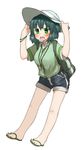  alternate_costume amonitto backpack bag blue_hair blush bracelet flip-flops green_eyes hair_bobbles hair_ornament hand_on_headwear hat jewelry kawashiro_nitori key necklace open_mouth sandals shirt shorts simple_background solo touhou two_side_up white_background 