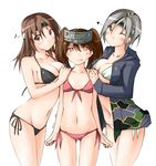  ;) bikini breast_conscious breasts brown_eyes brown_hair chitose_(kantai_collection) chiyoda_(kantai_collection) cleavage eighth_note front-tie_top girl_sandwich grey_eyes groin hand_on_another's_shoulder headband heart highres hood hoodie jacket kaminagi_(kaminagi-tei) kantai_collection looking_at_viewer multiple_girls musical_note navel one_eye_closed open_clothes open_hoodie open_mouth ryuujou_(kantai_collection) sandwiched side-tie_bikini silver_hair small_breasts smile string_bikini swimsuit tears trembling twintails visor_cap 