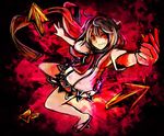  black_hair dress grin horns japanese_clothes kijin_seija looking_at_viewer multicolored multicolored_background multicolored_hair ne_kuro red_eyes red_hair ribbon short_dress short_hair smile solo streaked_hair touhou 