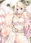  angel_wings barefoot blonde_hair blue_eyes breasts cleavage feathers feet goddess hand_on_own_chest ilias jewelry large_breasts long_hair looking_at_viewer mon-musu_quest! open_mouth reaching_out smile soles solo tiara toenails toes wings yappen 