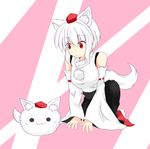  all_fours animal_ears bare_shoulders breasts detached_sleeves hat inubashiri_momiji large_breasts light_smile looking_at_another mofuji pom_pom_(clothes) red_eyes riku_(yzr500r2001) short_hair silver_hair solo tail tokin_hat touhou wolf_ears wolf_tail 