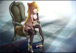  black_bow black_bra black_legwear black_neckwear black_panties blonde_hair bow bowtie bra chair collarbone dungeon_and_fighter english full_body gloves hair_bow high_heels lingerie long_hair md5_mismatch panties ponytail red_eyes shoes single_shoe sitting solo thighhighs underwear wangchuan_de_quanyan 