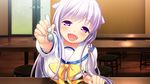  1girl chiri_(atlanta) chuablesoft fang game_cg highres long_hair minamori_hime open_mouth purple_eyes purple_hair spoon wagaya_no_himegami-sama! 